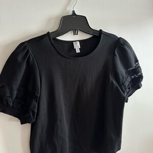 Tristan Black Puff Sleeve Tee with Ribbon Trim